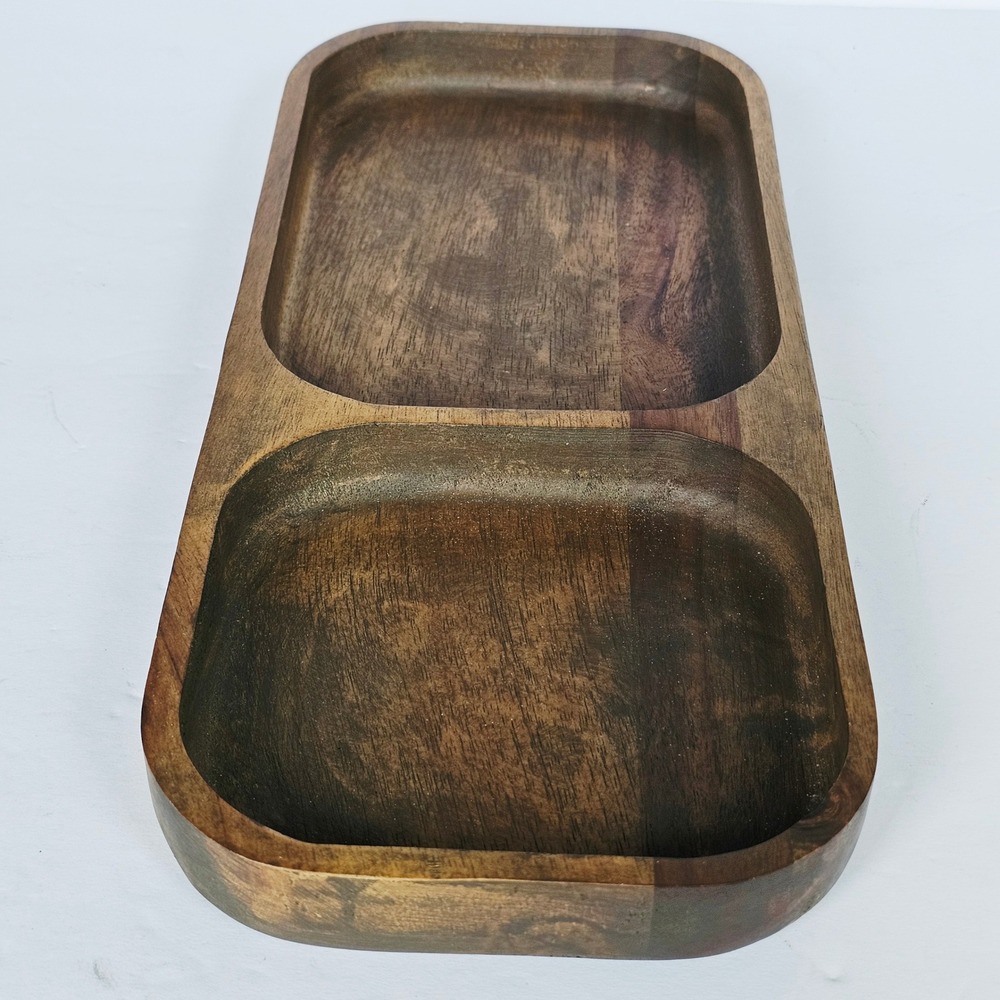 Dip Wood Divided Serving Tray 2 Compartment Brown Rectangular Mid Century Modern